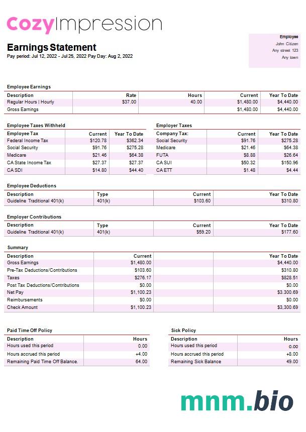 szablon payslip firmy fast fashion w formatach Word i PDF